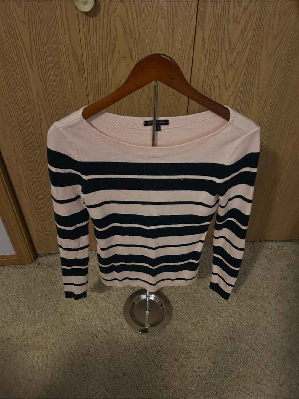 Tommy Hilfiger Light Pink and Navy Blue Striped Crewneck Sweater